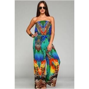 Vintage Dazzling Silk Jumpsuit Womens M/L Green Blue Multi Cheetah Boho Chic